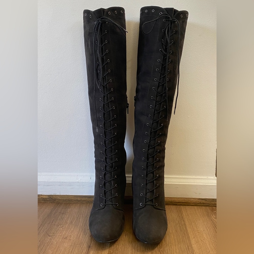 Like New! Stuart Weitzman Suede Knee High Lace Up Wedge Boots, Size 9 - Picture 3 of 16